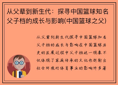 从父辈到新生代：探寻中国篮球知名父子档的成长与影响(中国篮球之父)