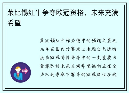 莱比锡红牛争夺欧冠资格，未来充满希望