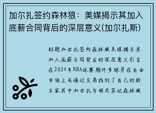 加尔扎签约森林狼：美媒揭示其加入底薪合同背后的深层意义(加尔扎斯)