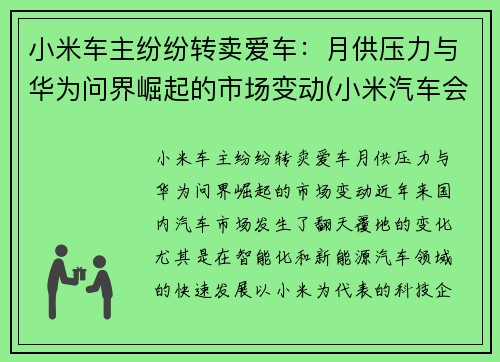 小米车主纷纷转卖爱车：月供压力与华为问界崛起的市场变动(小米汽车会卖多少钱)