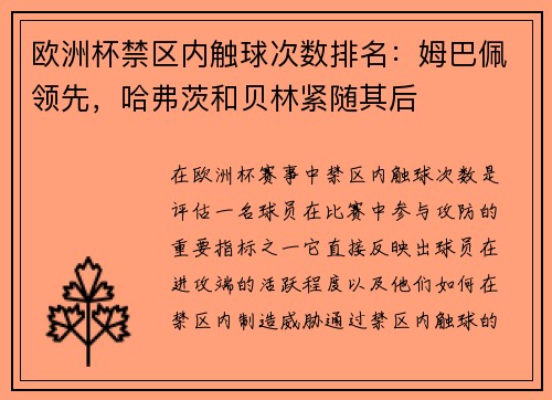欧洲杯禁区内触球次数排名：姆巴佩领先，哈弗茨和贝林紧随其后